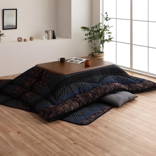 IKEHIKO Kotatsu Futon Comforter, Fluffy Premium Cotton, Kotatsu Square Rectangle Shape Blue Blanket Heater Table, Japanese Futon Craftsman, Made in Japan 2381 (205×205cm)