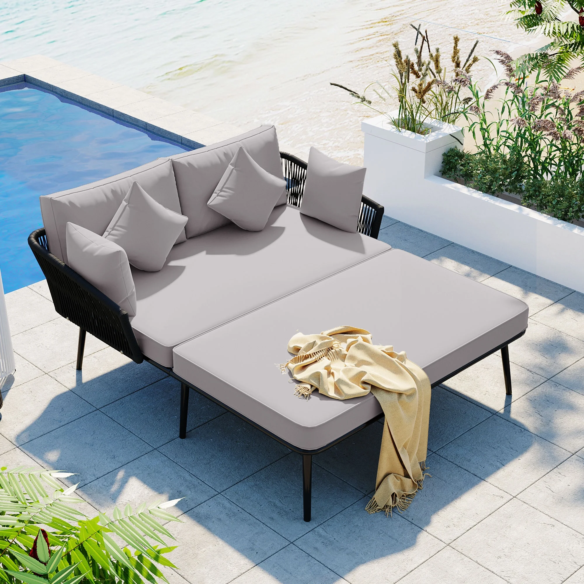 Outdoor Patio Daybed, Woven Nylon Rope Backrest With Washable Cushions For Balcony, Poolside, Set For 2 Person, Gray