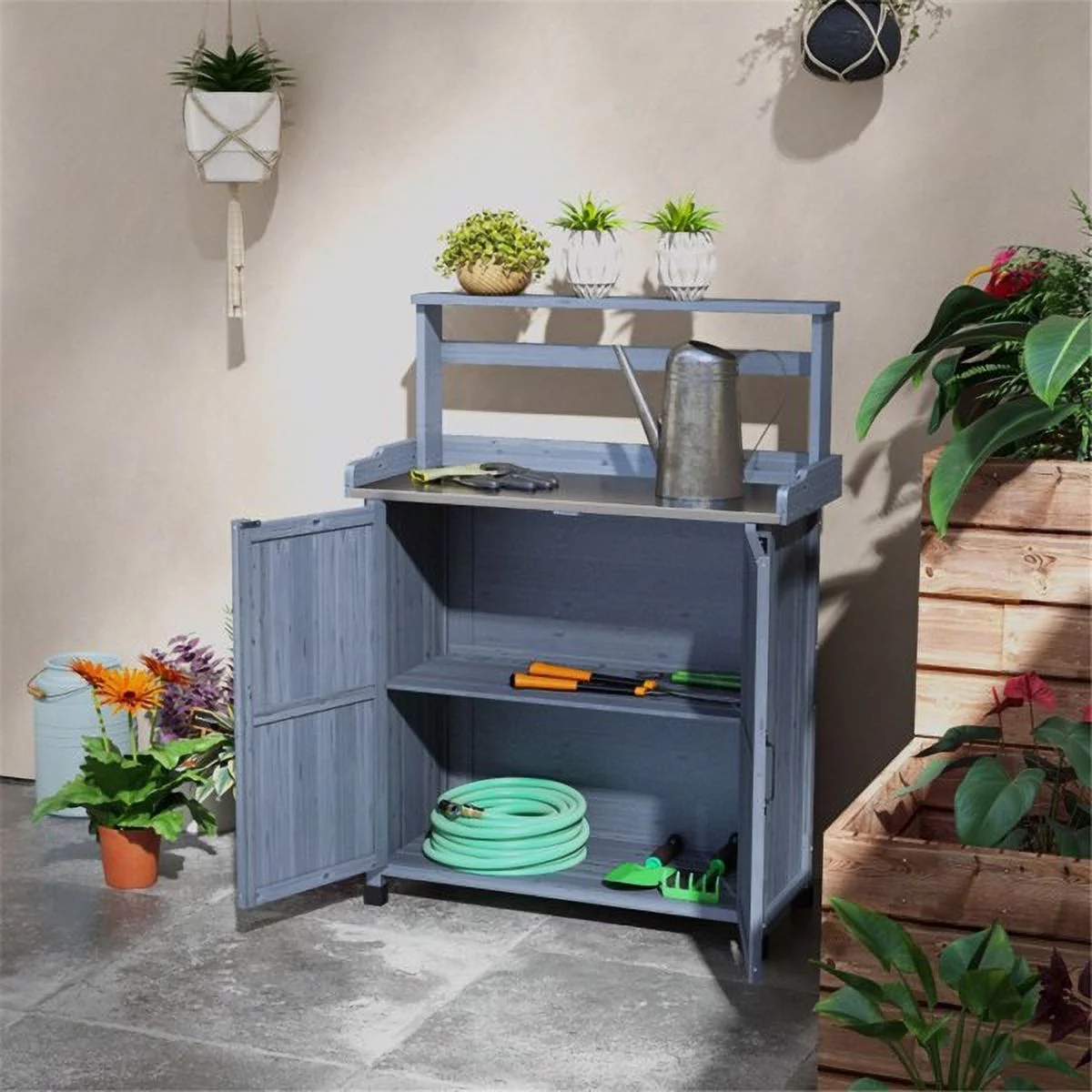 Outdoor Potting Bench with Storage, Wooden Garden Potting Table with Metal Tabletop and Removable Shelf, Potting Work Bench Station for Garden, Patio, Backyard-Grey