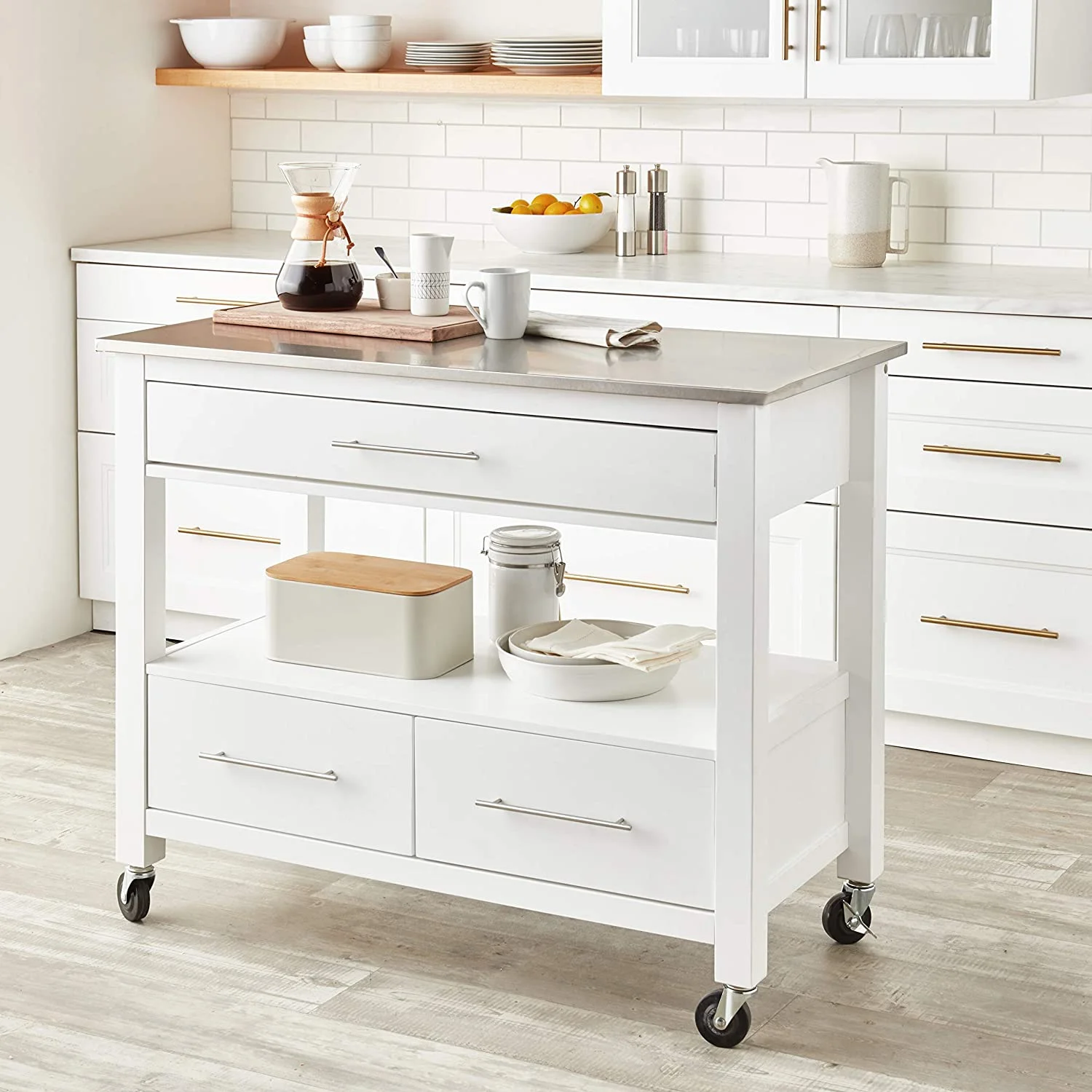 ikayaa Ottawa Kitchen Cart, Stainless Steel & White