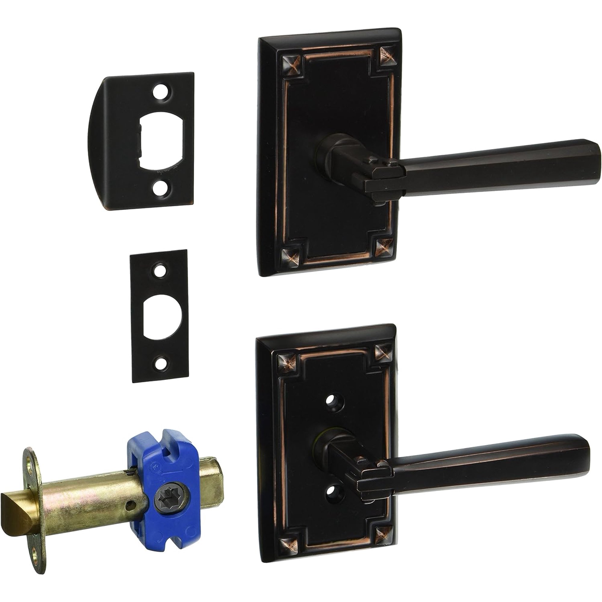 Craftsman Style Lever Door Set with Rectangular Rosettes Right Hand Passage in Oil Rubbed Bronze. Traditional Door Knobs.