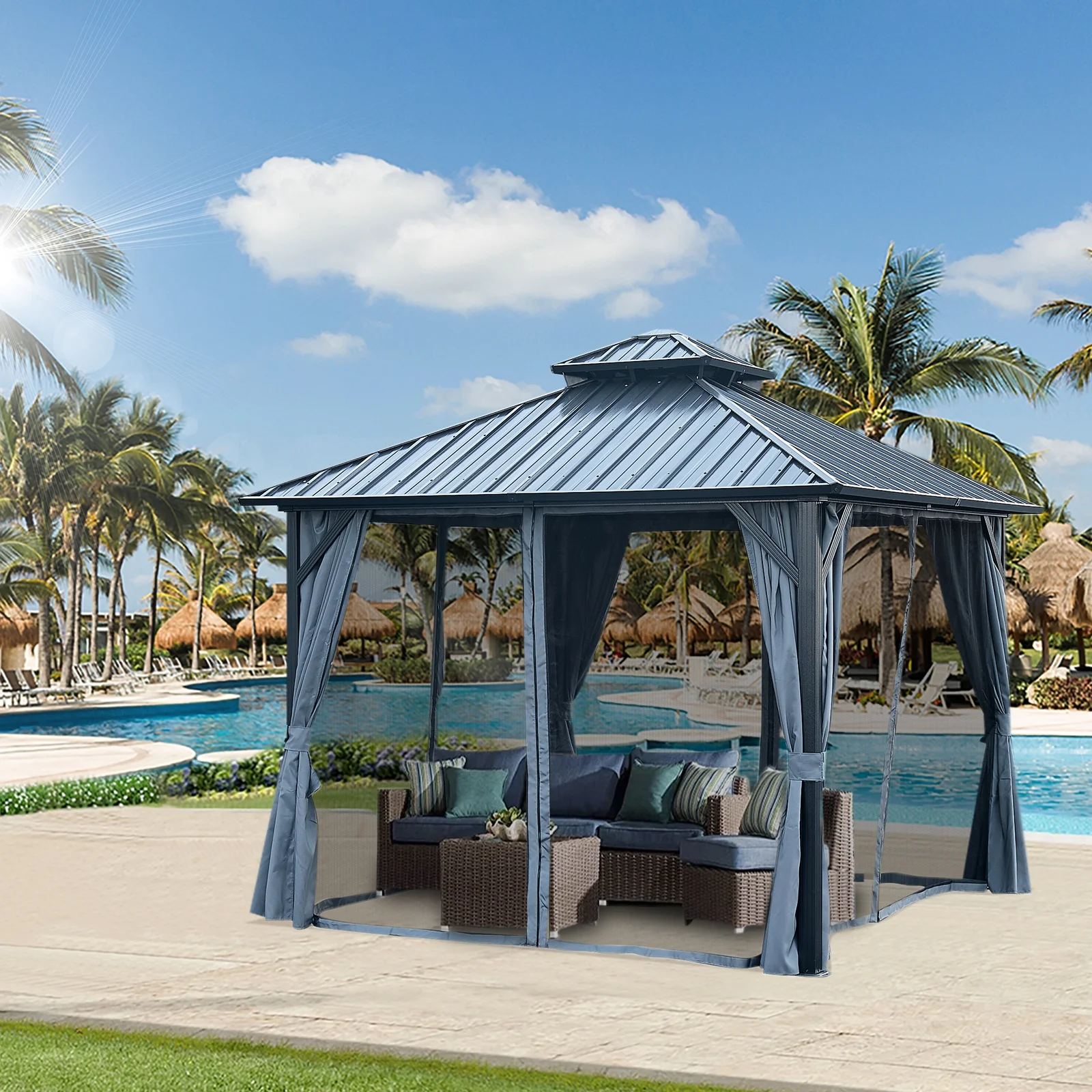 Outdoor 10x10FT Aluminum Gazebo with Steel Canopy, Permanent Hardtop Gazebo for Patio, Garden, Backyard - Sturdy, Stylish, Weatherproof