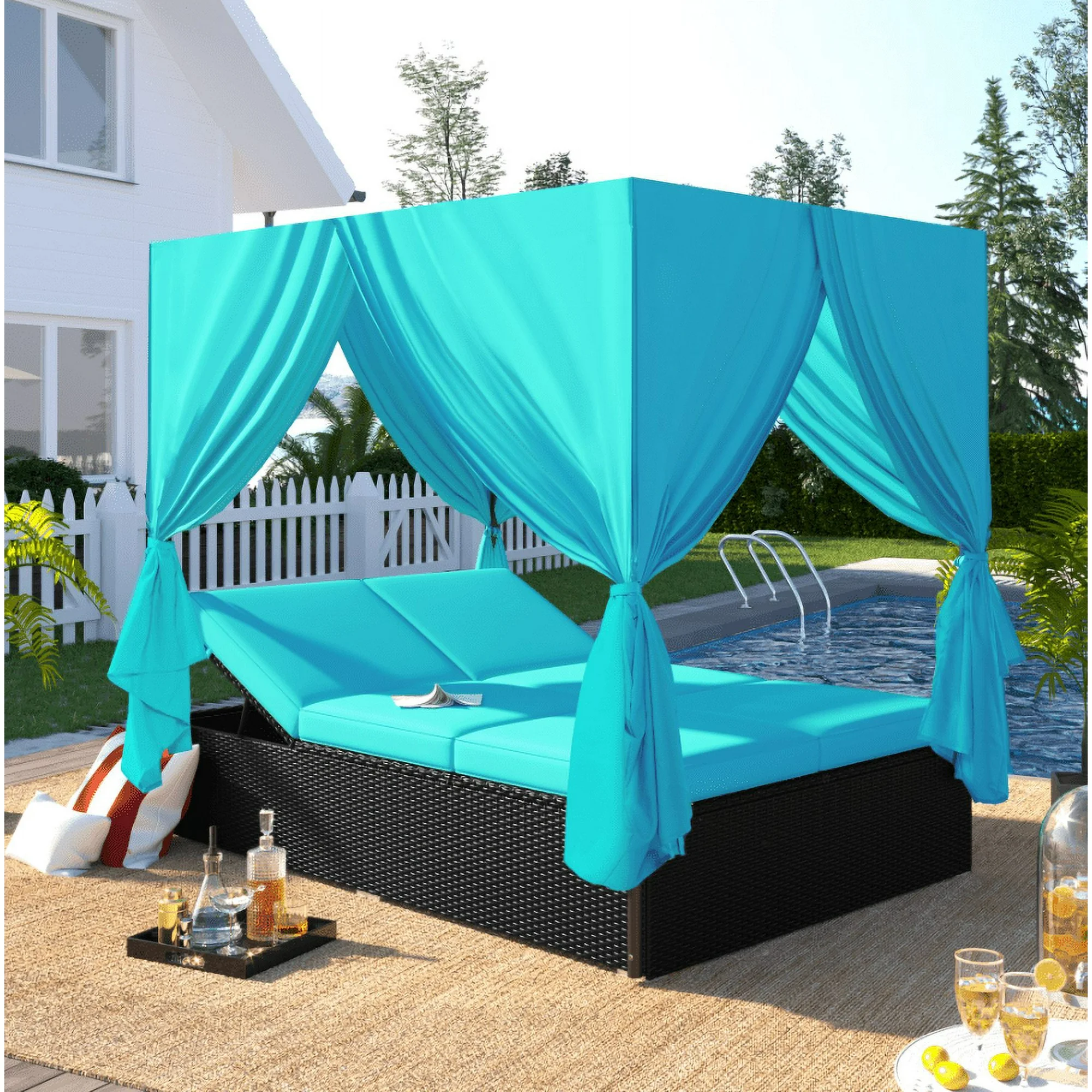 Outdoor Patio Wicker Sunbed Daybed With Cushions, Adjustable Seats