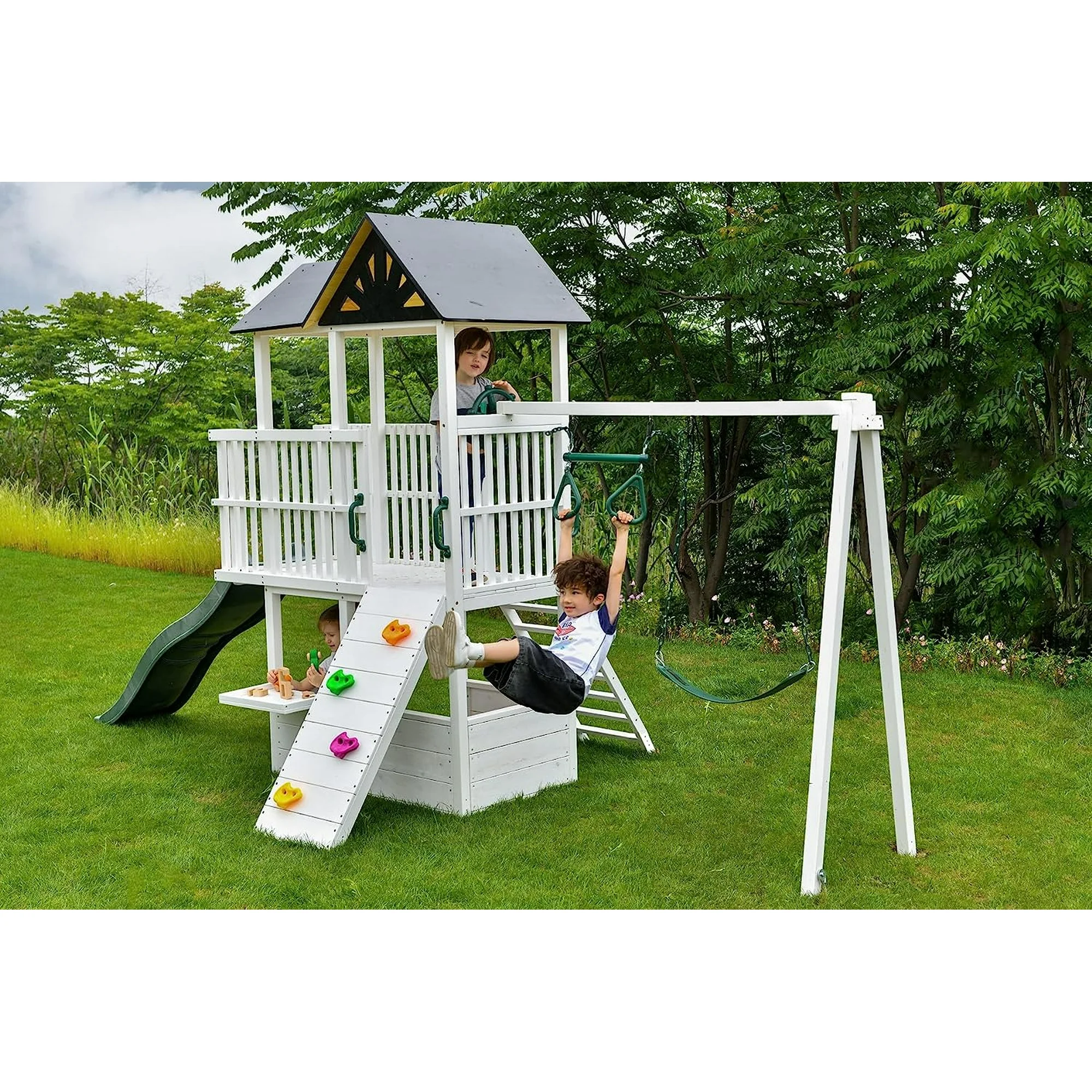 Avenlur Craftsman Modern Swing Set - Outdoor Backyard Swing: Montessori Waldorf Style Slide, Clubhouse, Fort, Gymnastic Bar, Rock Climb Wall, and More for Kids' Imaginative Play - ASTM Cert. - 3-11yr