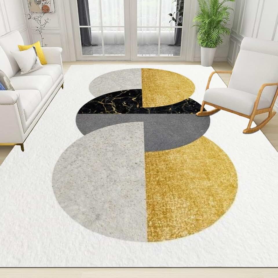 Large Area Rugs 6x9ft, Simple Geometric White 3D Printed Rugs for Living Room, Circular Pattern Modern Print Noise-Cancelling Floor Mats, for Bedroom Room Office Dining Hotel Home Decor