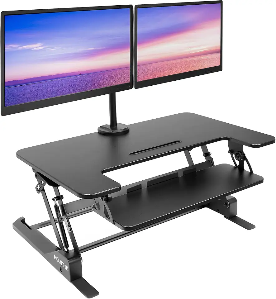 Mount-It! Standing Desk Converter Dual Monitor, 2 Screen Mounts Included, Height Adjustable Desk Riser in Black, Stand Up Desk Convertor Large 36