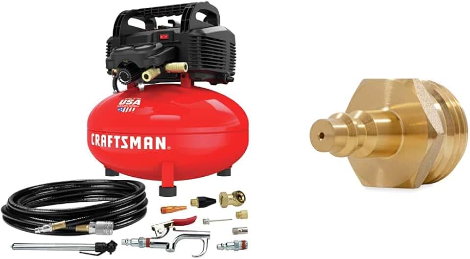 Craftsman Air Compressor, 6 Gallon, Pancake, Oil-Free (CMEC6150K) and Camco Blow Out Plug With Brass Quick Connect (36143)