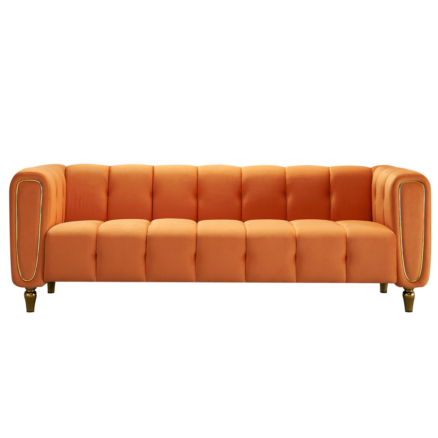 Standout Orange Velvet Sofa, Revamping Modern Interiors, Signature Tufted Craftsmanship, Opulent Seating Experience, Sturdy Wood Build and Metallic Base, Centrepiece of Your Lounge Area