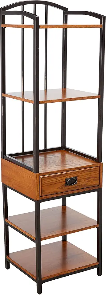 Home Styles Modern Craftsman Distressed Oak Gaming Tower with One Drawer, Four Fixed Shelves, Poplar Solids and Oak Veneers, and New Age, Brown Metal Accents