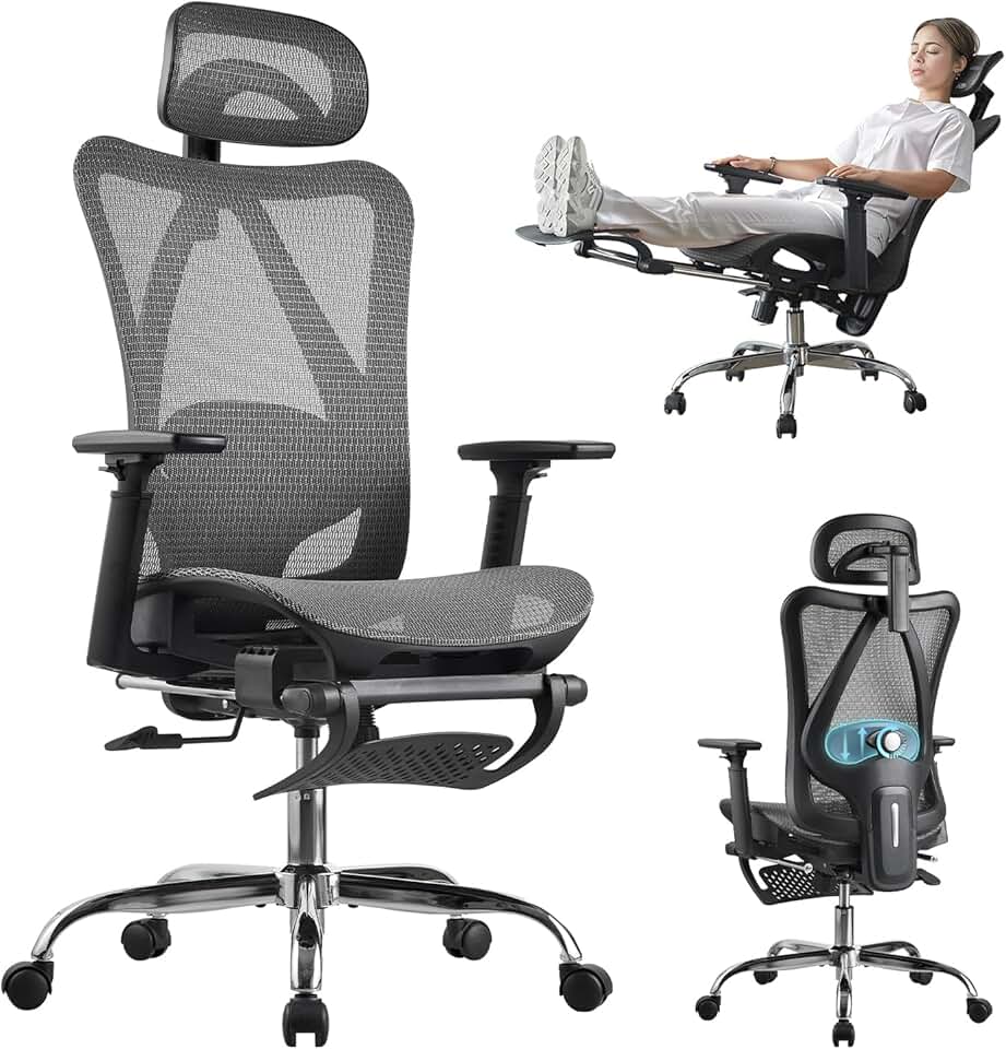 Ergonomic Office Chair, SGS Certified Gas Cylinder, 400 LBS Capacity,Office Chair with Adjustable Lumbar Support, Retractable Footrest, Mesh Office Chair Gaming Chair