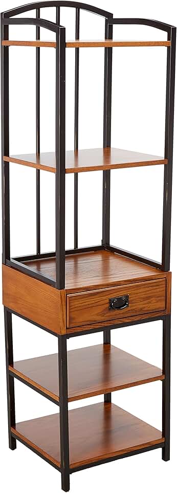 Home Styles Modern Craftsman Distressed Oak Gaming Tower with One Drawer, Four Fixed Shelves, Poplar Solids and Oak Veneers, and New Age, Brown Metal Accents