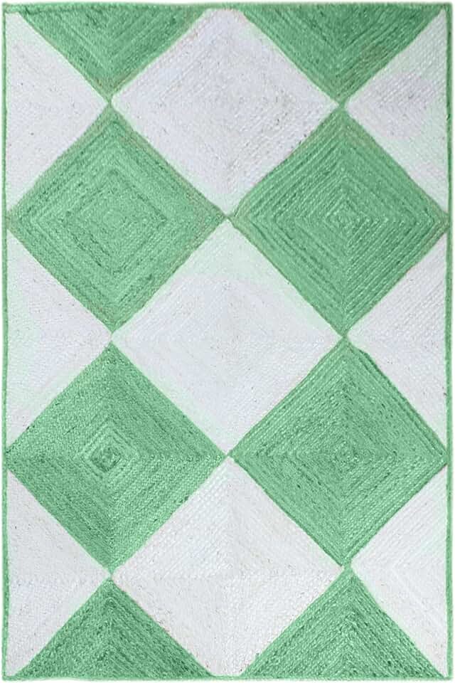 7' Square Rug Kilim Rug Green & White Pattern Braided Jute Rug Indoor Outdoor Rug Flatweave Rug High Traffic Area Bedroom Bedside Custom Mat Dining Table Doormat