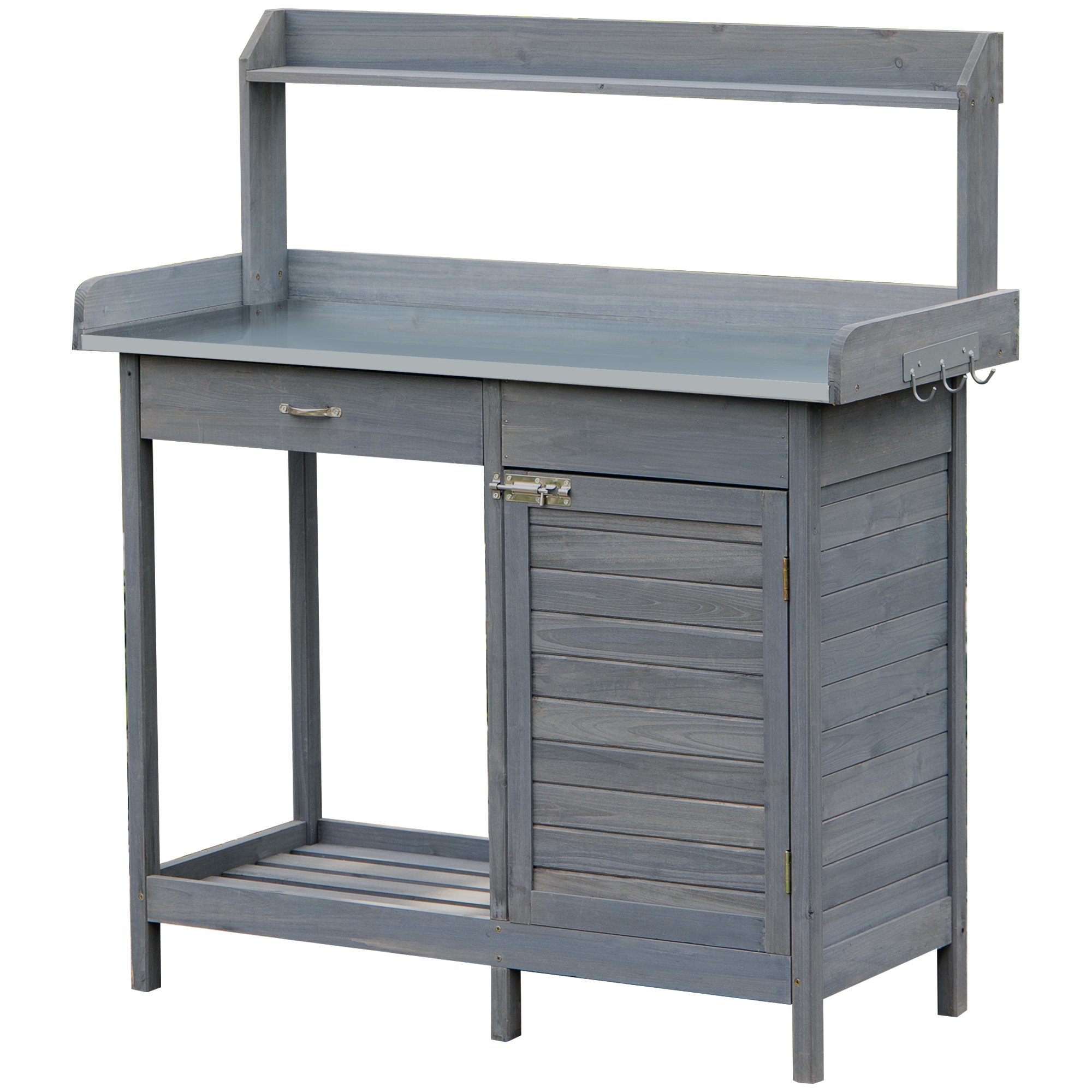 Outdoor Potting Bench Table, Garden Work Station With Storage Cabinet, Open Shelf And Steel Tabletop, Gray