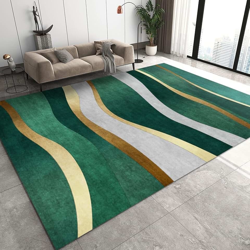 Large Area Rugs 7x10ft, Dark Green Retro Wavy Pattern Living Room Rugs, Gold Irregular Geometric Noise-Cancelling Floor Mats, Soft Durable for Hotel Home Decor Yoga Room Patio