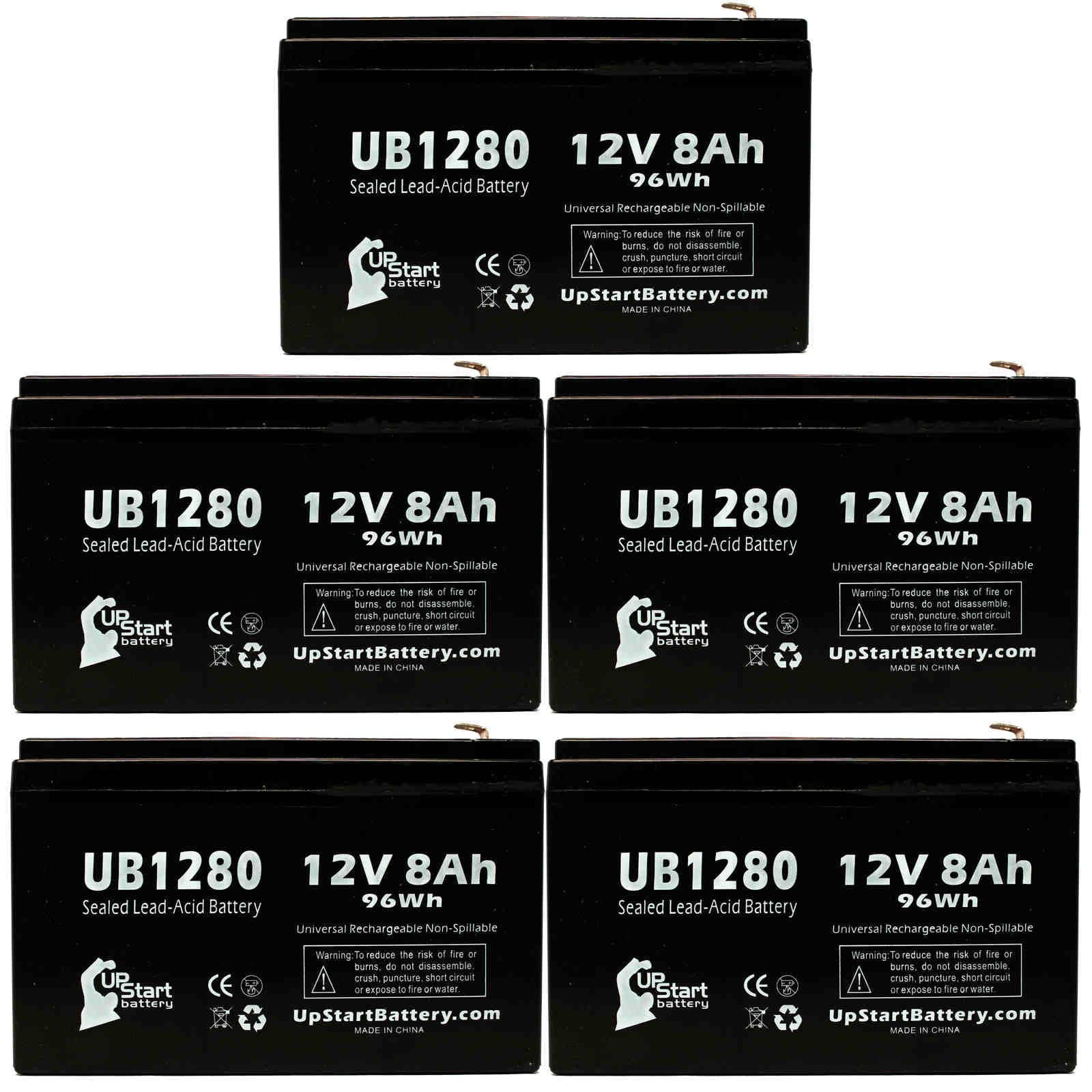 5x Pack - Compatible Sears / Craftsman 14485500 Battery - Replacement UB1280 Universal Sealed Lead Acid Battery (12V, 8Ah, 8000mAh, F1 Terminal, AGM, SLA) - Includes 10 F1 to F2 Terminal Adapters