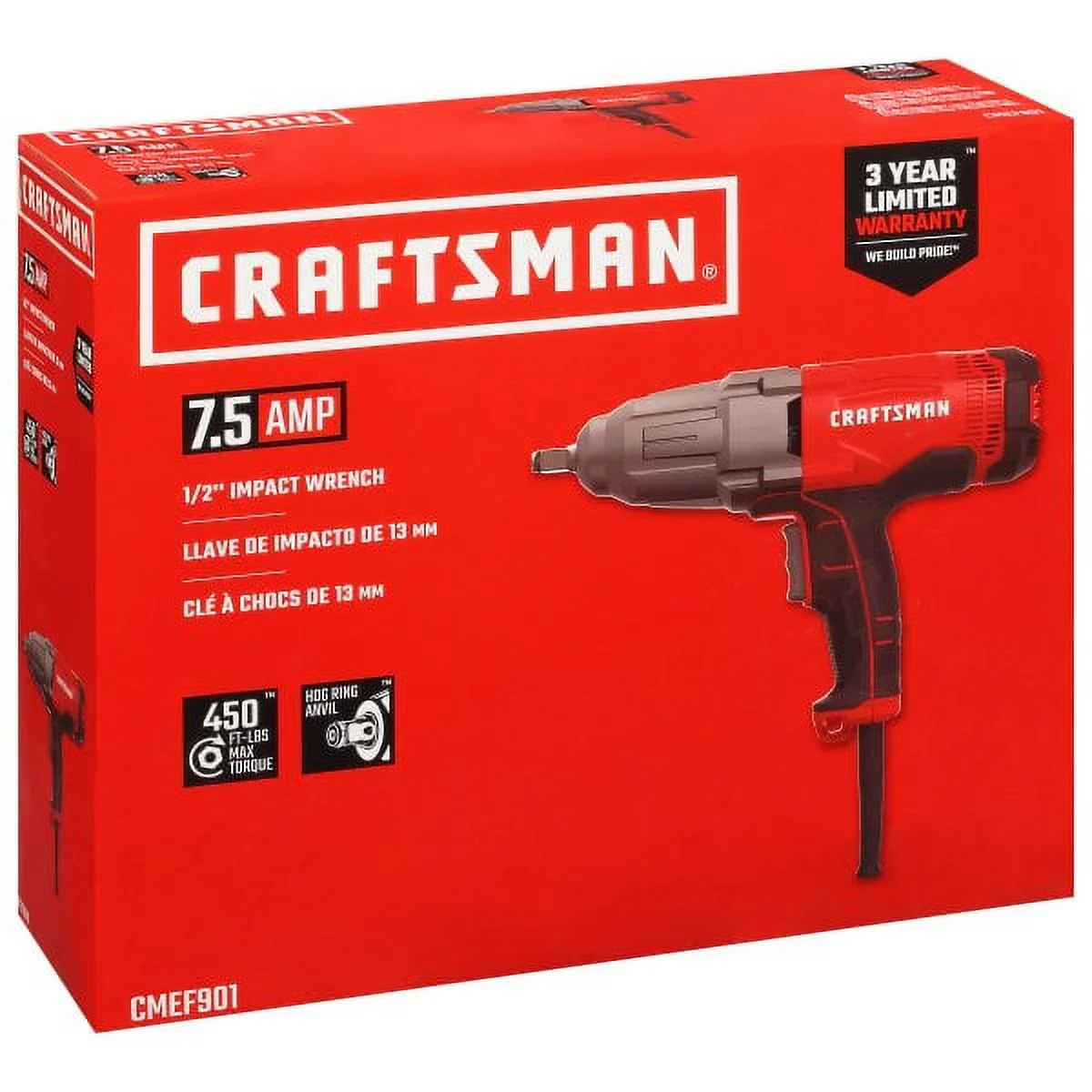 Craftsman 1/2 in. Square Corded Impact Wrench Kit 7.5 amps 2700 ipm 450 ft./lbs. Red
