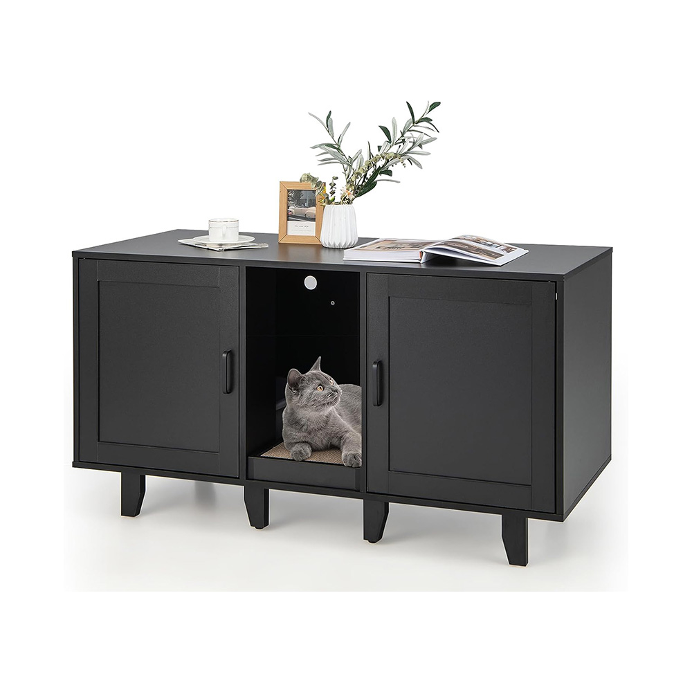Litter Box Enclosure,Large Cat Washroom with Doors and Divider for Storing Cat Food, Modern Hidden Litter Box Cabinet, Black