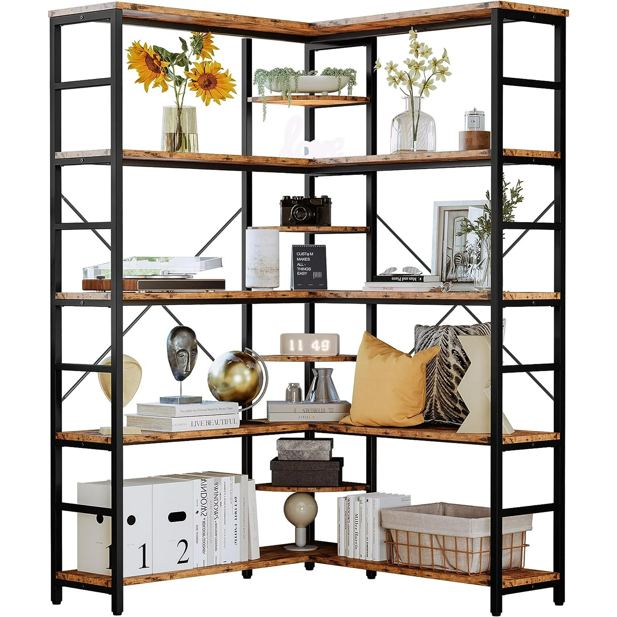 Industrial Bookcases and Bookshelves, 5-Tiers Corner Bookcase with Curved Panels, L Shaped Shelf with Metal Frame for Open Storage for Living Room Home Office