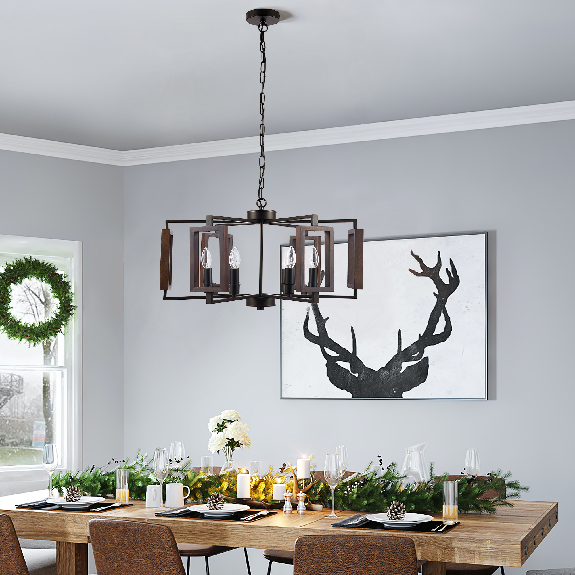 Vintage Pendant Chandelier with 6 Light Hexagonal Metal Frame & Craftsman Wood Accents, E12 Sockets, Semi Flush Mount to 59