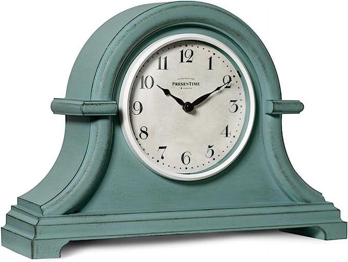 PresenTime & Co Vintage Farmhouse Table Clock Series Napoleon Mantel Clock,13 x 10 inch, Domed Lens, Quartz Movement, Aged Teal Color