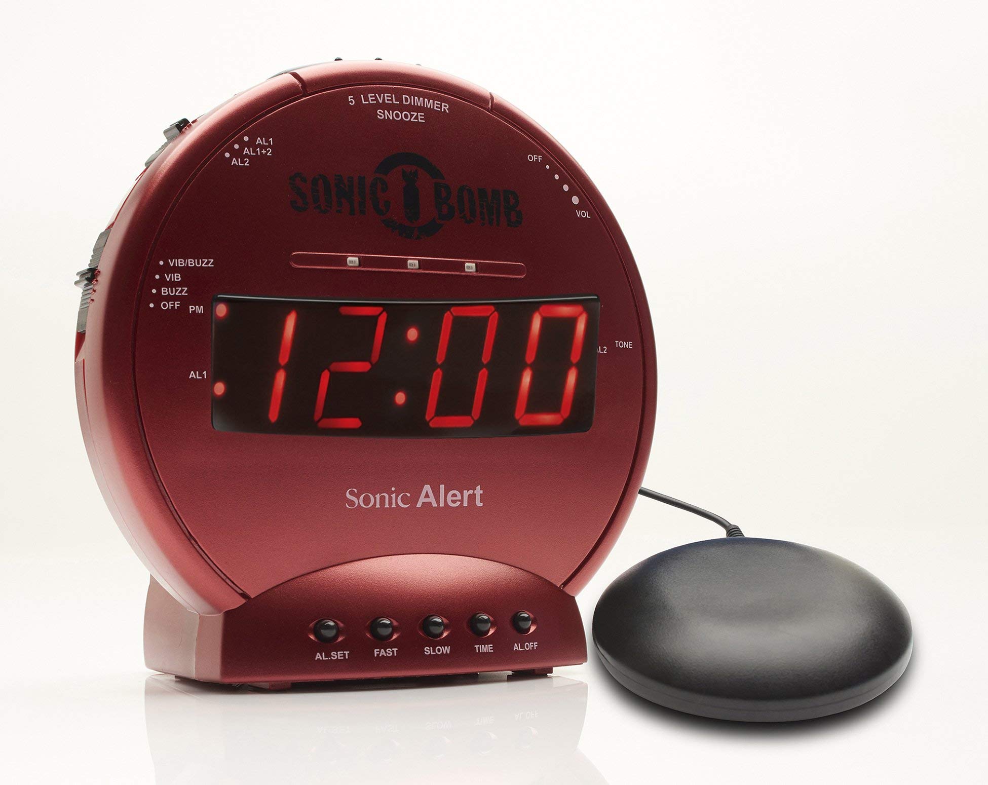 Sonic Alert - Sonic Bomb Dual Alarm Clock with Bed Shaker Vibrator and Digital Display Tecnology - Red