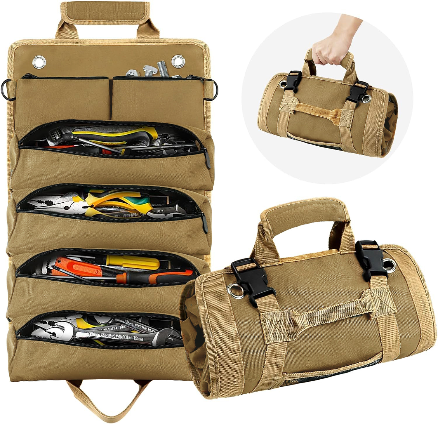 Tool Roll Up Pouch,Small Tool Bags,Electricians Tool Pouch: 6 Tool Pouches,Roll Up Tool Bag with 2 Detachable Tool Pouches,Craftsman Tool Bags for Men,Rolling Tool Bag for Mechanics,Hobbyists (Khaki)