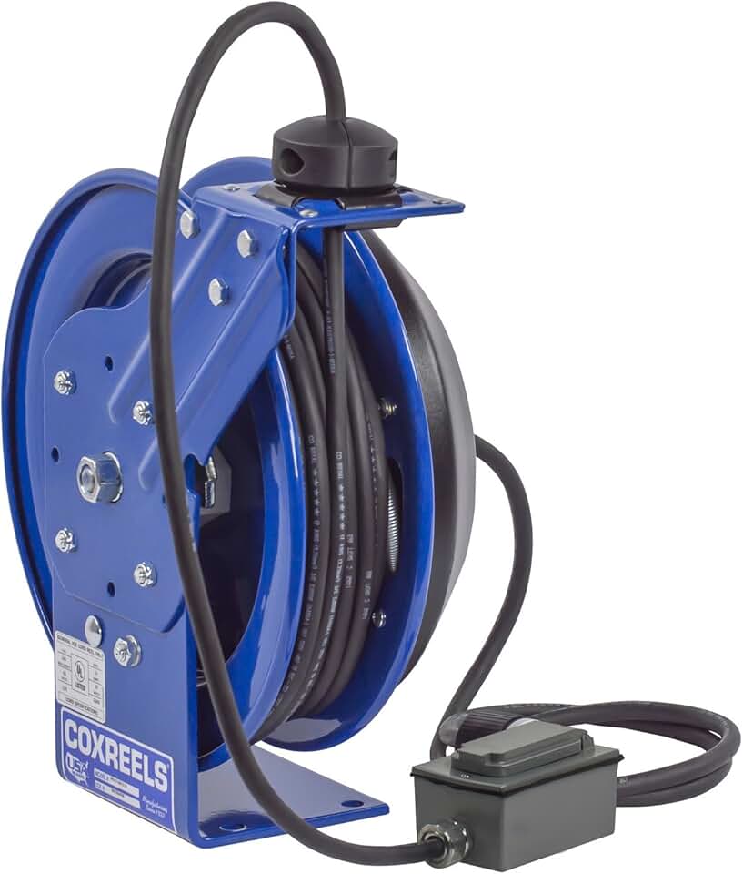 Coxreels PC13-5012-F Compact Efficient Heavy Duty 50’ Power Cord Reel | Retractable Reel for Extension and Power Cords | Electrical Equipment for Garage | 50’ Cord Included | Duplex Receptacle