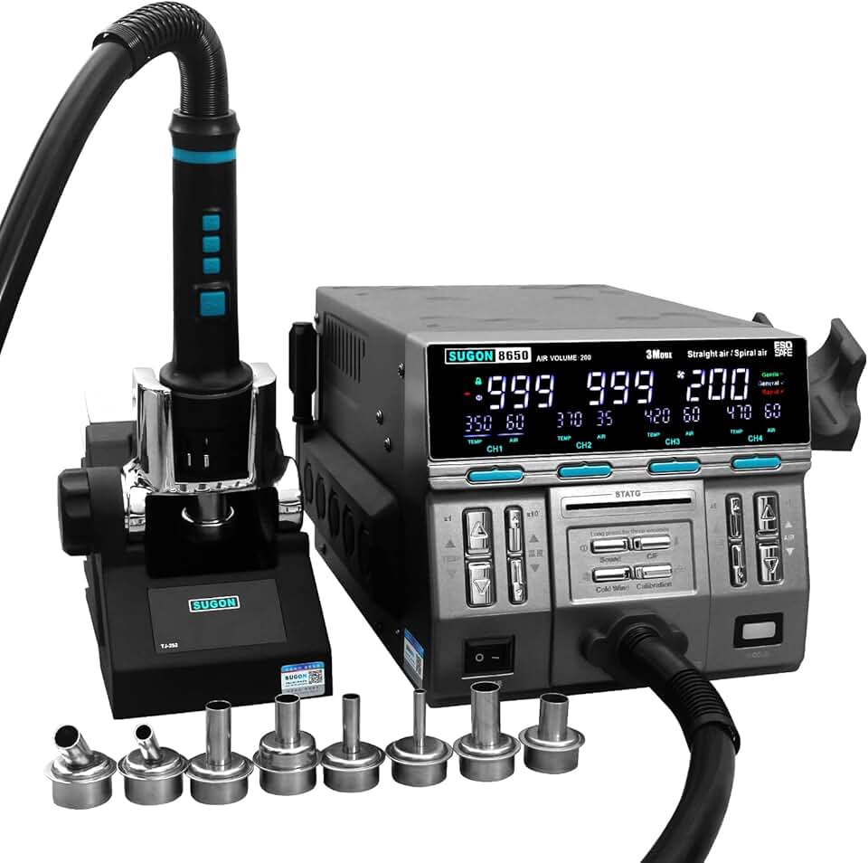 SUGON 8650 Hot Air Rework Station 1300W,3 Different Heating Modes,℃/℉, Temperature 212°F-999°F,8 Air Nozzles, Air Volume 1-200,4 Temperature Memory Storage, Automatic Sleep, Nozzle Replacement Bracket