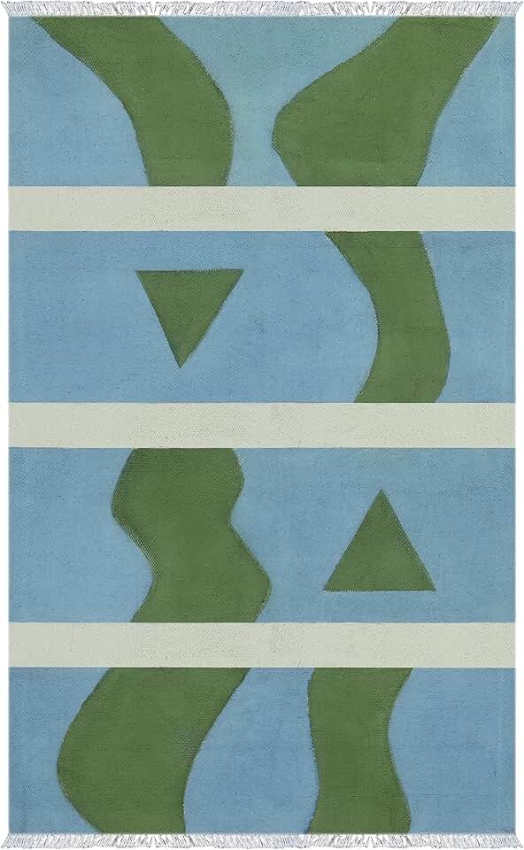 Collection Square - 7x7 Area Rug Blue & Green Pattern Cotton Dhurrie Abstract Kilim Rug Indoor Outdoor Use Carpet Flatweave Rugs for Bedroom Bedside Mat Dining Table Mat & Hall