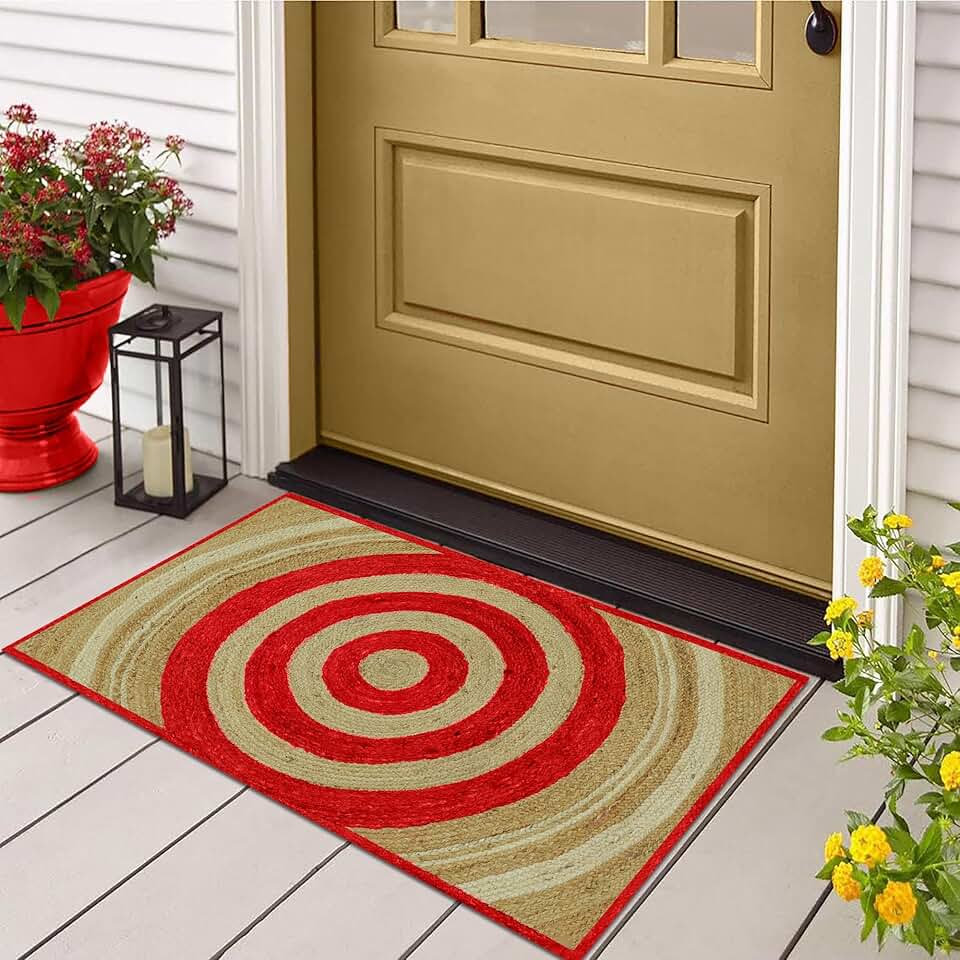 7' Square Rug Kilim Rug Striped Rug Beige & Red Pattern Braided Jute Rug Indoor Outdoor Rug Flatweave Rug High Traffic Area Bedroom Bedside Custom Mat Dining Table Doormat