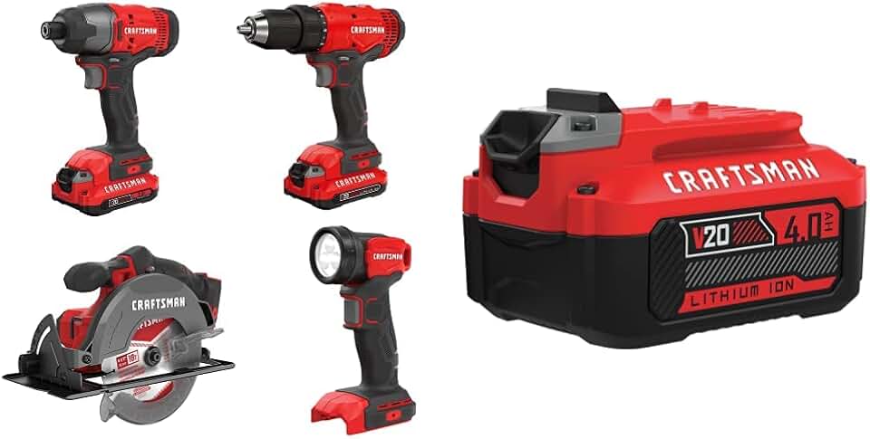 CRAFTSMAN V20 MAX Power Tool Combo Kit, 4-Tool Cordless Power Tool Set (CMCK401D2) & (1) V20 Lithium Ion Battery, 4.0-Amp Hour (CMCB204)