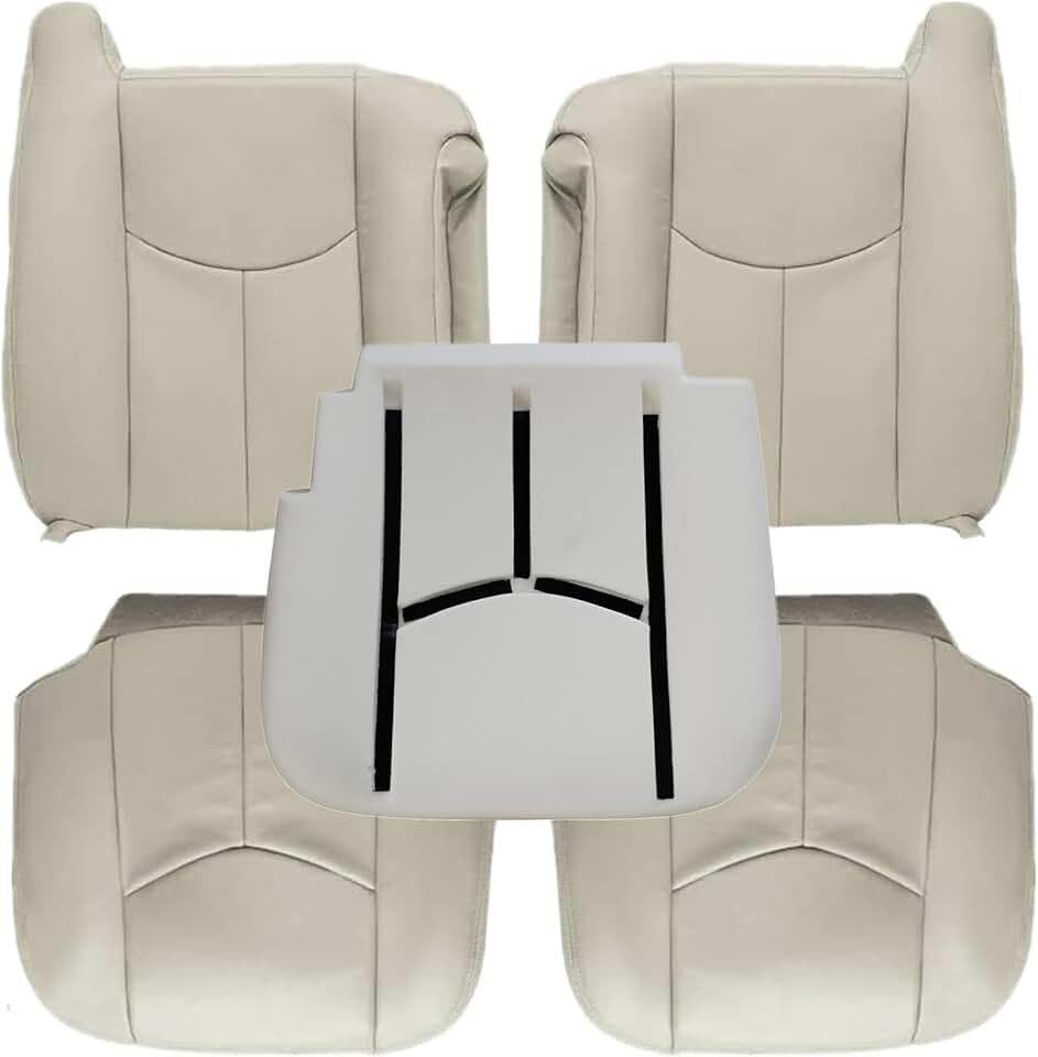 Driver And Passenger Side Bottom And Top Lean Back Leather Seat Cover And Driver Foam Cushion Light Tan 522 52i Fit For Chevy GMC Tahoe Suburban Avalanche Yukon Silverado Sierra 2003 2004 2005 2006