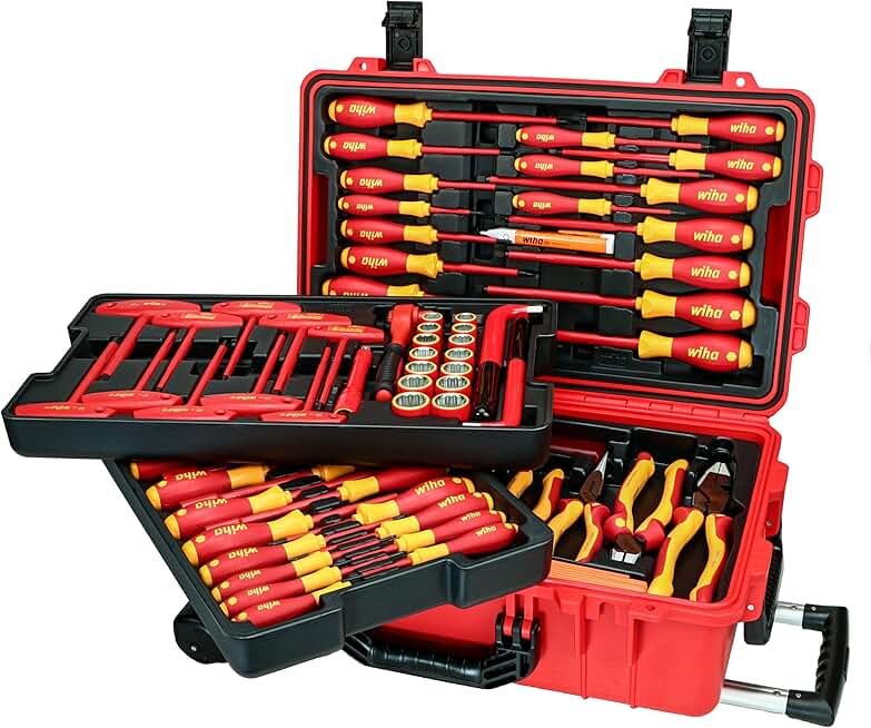 Wiha 32800 Insulated Tool Set with Screwdrivers, Nut Drivers, Pliers, Cutters, Ruler, Knife and Sockets in Rolling Tool Case, 10,000 Volt Tested and 1000 Volt Rated, 80-Piece Set