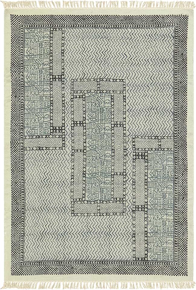 Collection Square - 7x7 Area Rug Grey & Black Pattern Cotton Dhurrie Geometric Kilim Rug Indoor Outdoor Use Carpet Flatweave Rugs for Bedroom Bedside Mat Dining Table Mat & Hall