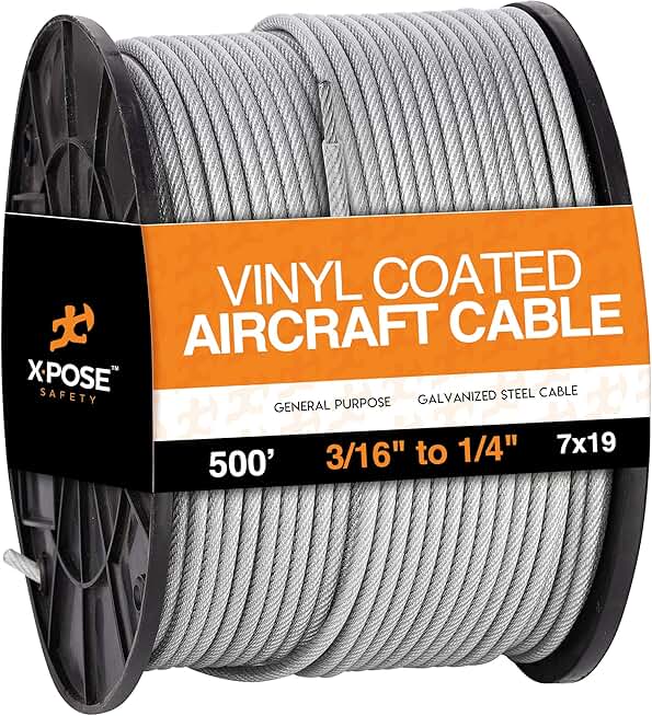 Xpose Safety - 7x19 Vinyl Coated Galvanized Steel Aircraft Cable Wire - 3/16 In - 1/4 In - 500' Reel - for Pulley System or Winch Loop - Marine Wire, Cable Railing, Deck Railing, Fencing -