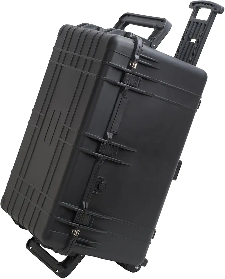 MEIJIA Portable Waterproof Protective Case,Hard Camera Case With Retractable Pull Handle And Rolling Wheels,Customizable Fit Foam Inserted,Elegant Black, 31.3