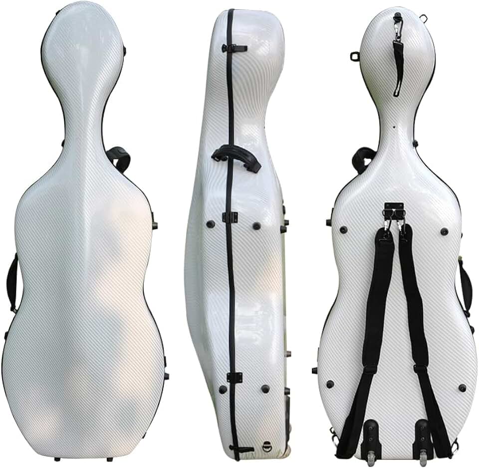 4/4 Full Size Cello Case Hard Mixed Carbon Fiber Strong & Ultralight Cello Box ca. 4.0 kg with Strong Handle & 2 Bow Holders & Back Straps & Wheels (White)