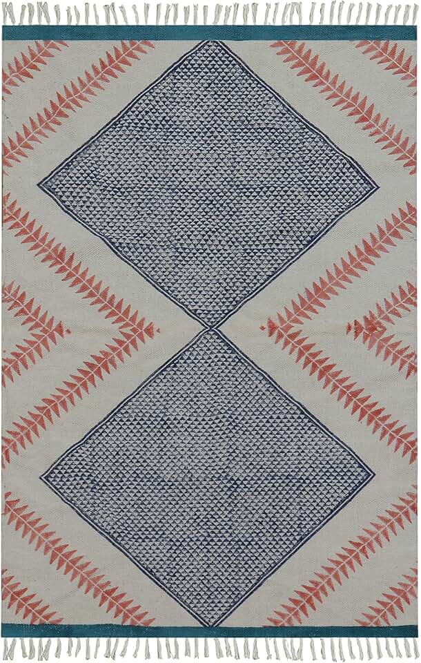 Collection Square - 7x7 Area Rug Blue & Pink Pattern Cotton Dhurrie Geometric Kilim Rug Indoor Outdoor Use Carpet Flatweave Rugs for Bedroom Bedside Mat Dining Table Mat & Hall