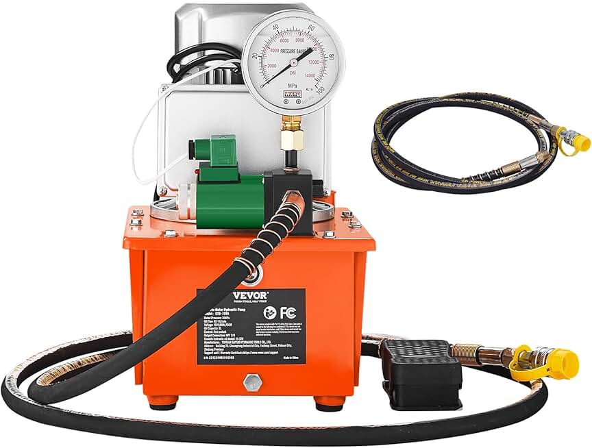 VEVOR 10000 PSI 750W 110V, 488 in³/8L Capacity, Single Acting Solenoid Valve, Electric Driven Hydraulic Pump Power Pack Unit with Pedal Switch for Punching/Bending/Jack Machine, Orange