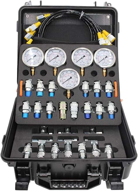 Hydraulic Pressure Test Kit, 10/100/250/400/600bar, 150/1500/4000/6000/9000PSI, 5 Gauges 14 Test Couplings 14 Tee Connectors 5 Test Hoses, Hydraulic Gauge Kit with Sturdy Carrying Case for Excavator
