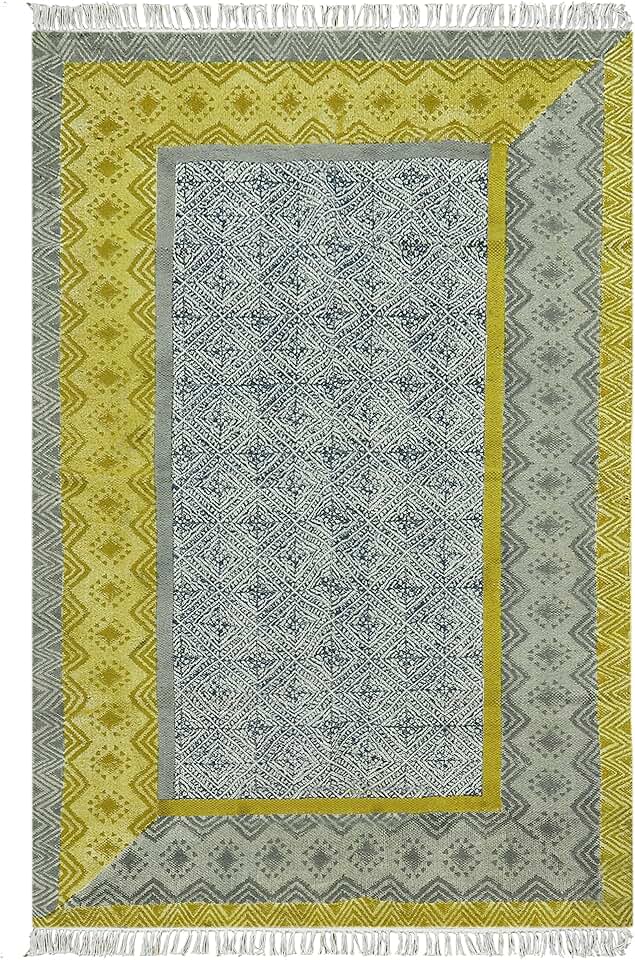 Collection Square - Area Rug 7x7 Green & Grey Pattern Cotton Dhurrie Geometric Kilim Rug Indoor Outdoor Use Carpet Flatweave Rugs for Bedroom Bedside Mat Dining Table Mat & Hall