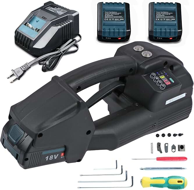 U.S. SOLID Electric Strapping Machine, Fully Automatic, Semi-Automatic & Manual Mode, 2×5000mah Battery Powered and LCD Screen, for 1/2-5/8in PP PET Straps Automatic Banding Machine for Box Pallet