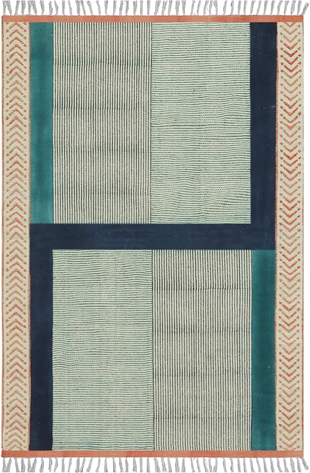 Collection Square - Area Rug 7x7 Blue & Black Pattern Cotton Dhurrie Geometric Kilim Rug Indoor Outdoor Use Carpet Flatweave Rugs for Bedroom Bedside Mat Dining Table Mat & Hall