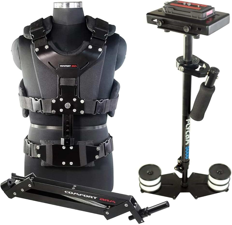 Flycam 5000 Handheld Camera Stabilizer with Comfort Arm Vest. Precise Balancing, Smooth & Fatigueless Operations. Quick Shock Absorption, Free Quick Release, Arm Brace & Table Clamp