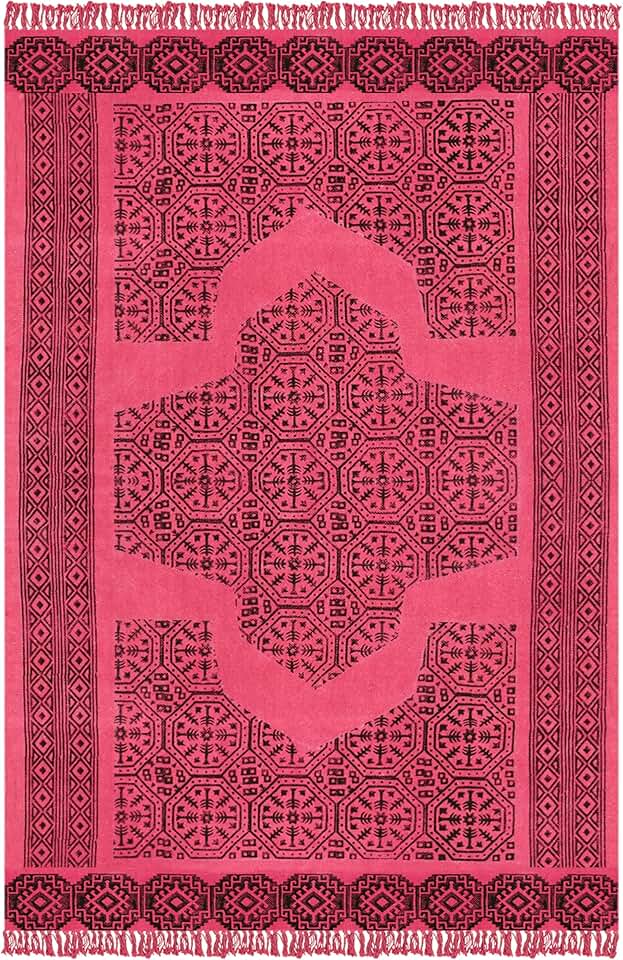 Collection Square - 7x7 Area Rug Pink & Black Pattern Cotton Dhurrie Geometric Kilim Rug Indoor Outdoor Use Carpet Flatweave Rugs for Bedroom Bedside Mat Dining Table Mat & Hall