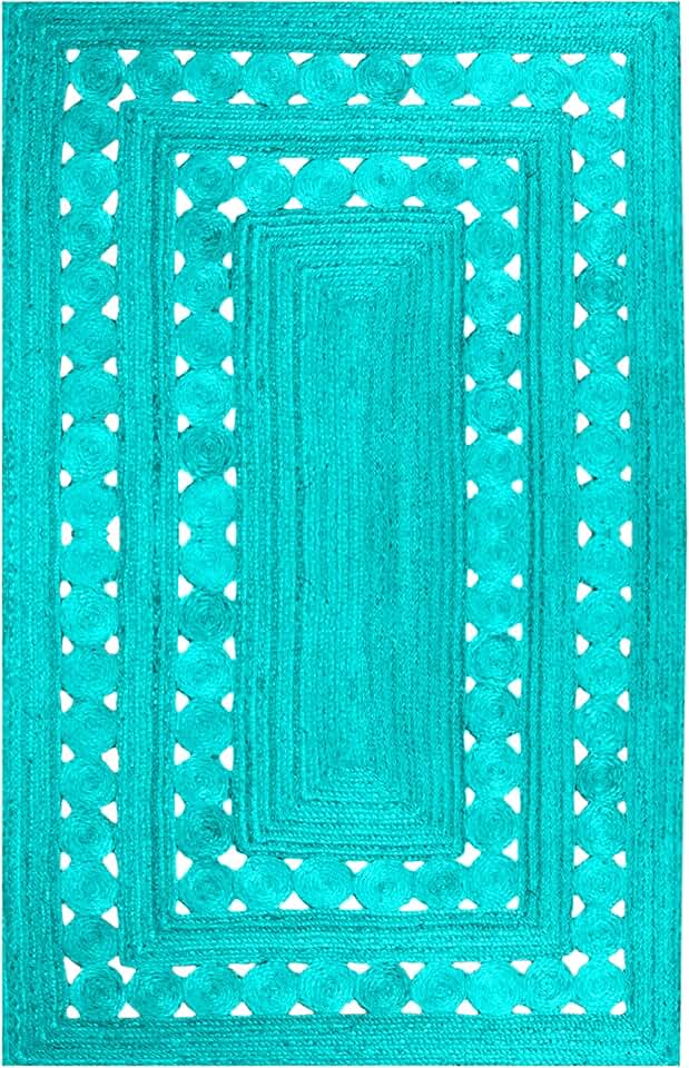 Kilim Rug 9' Square Rug Turquoise Blue Pattern Braided Jute Rug Indoor Outdoor Rug Flatweave Rug High Traffic Area Bedroom Bedside Custom Mat Dining Table Doormat