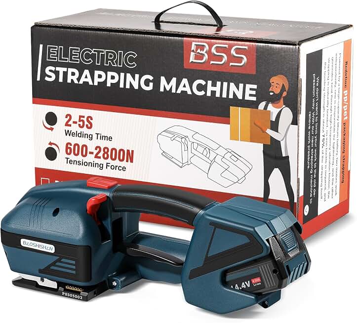 BAOSHISHAN Electric Strapping Machine 4000mah Battery 400N-3200N Tensioner Automatic Strapping Tool for 1/2-5/8in PP/PET Strapping for Packaging Box Pallet Portable Baler