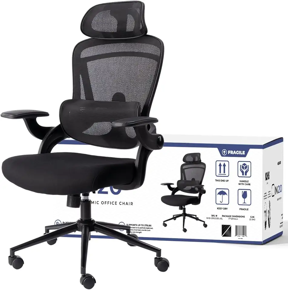 Nouhaus Egro Fit Ergonomic Mesh Office Chair High Back Adjustable Lumbar Support Headrest and Adjustable Flip-up Armrests, Comfy Desk Chairs Swivel Computer Gaming Chair Tilt Function(N20, Black)