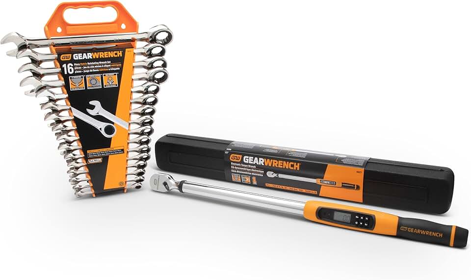 GEARWRENCH 1/2 Drive Electronic Torque Wrench - 85077 & 16 Pc. Ratcheting Combination Wrench Set with Tray, Metric - 9416