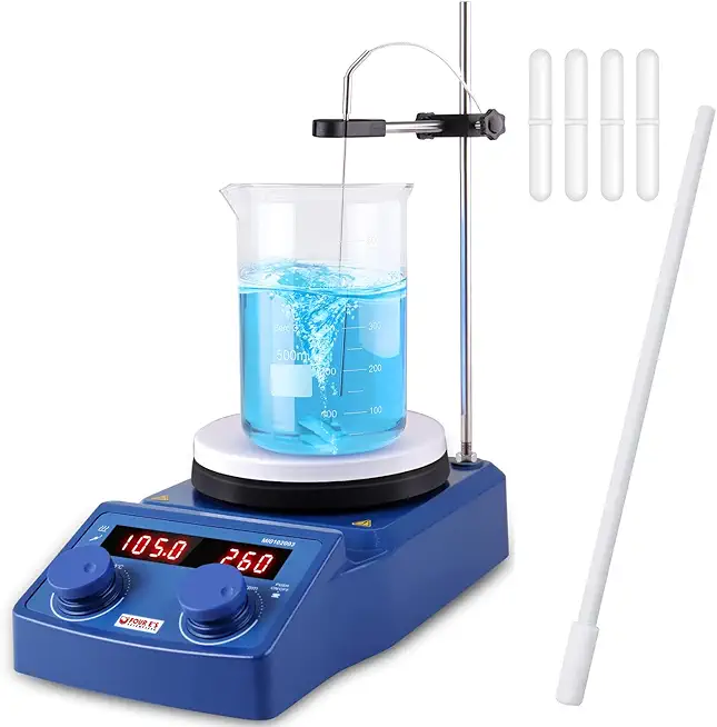 FOUR E'S SCIENTIFIC 280℃/536°F 5 inch Digital Hotplate Magnetic Stirrer Hot Plate Ceramic Coated | 100-1500rpm | 5L | 110V Support Stand Stir Bar Retriever Temp Probe Sensor Stir Bars Included